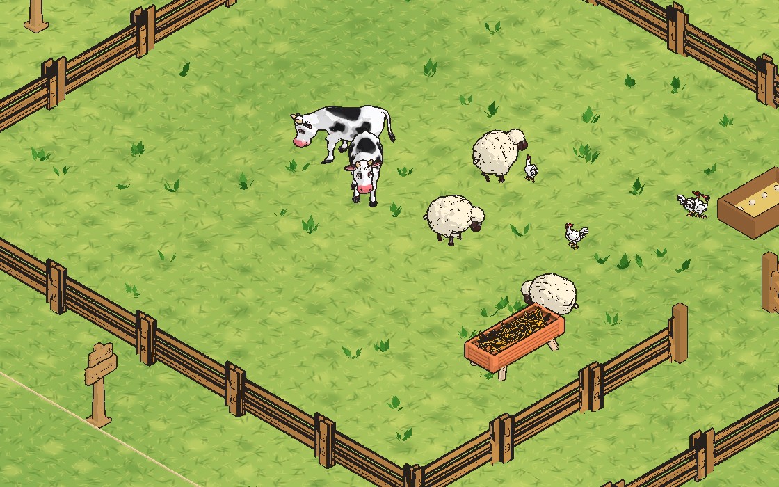 Pasto com vacas, ovelhas e galinhas da fazenda