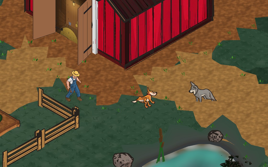 Fazenda à noite com o cão de guarda enfrentando um lobo